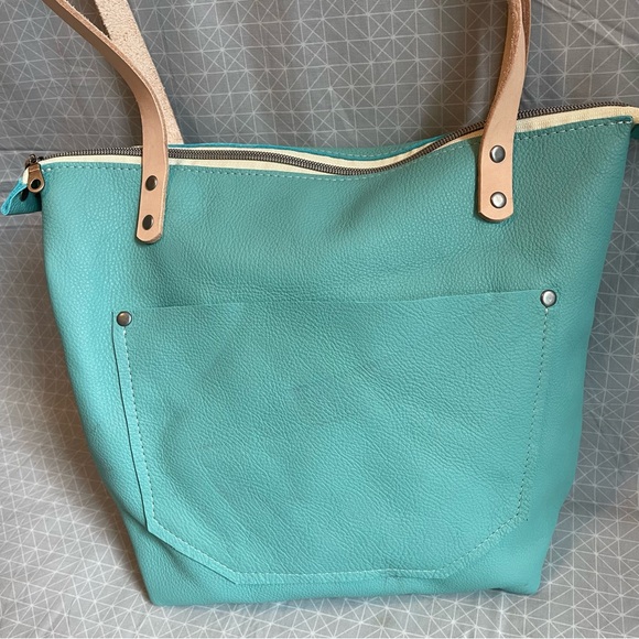 852 Leathers Handcrafted Small Zipper Tote in Aqua Leather/Natural Strap - Picture 2 of 13
